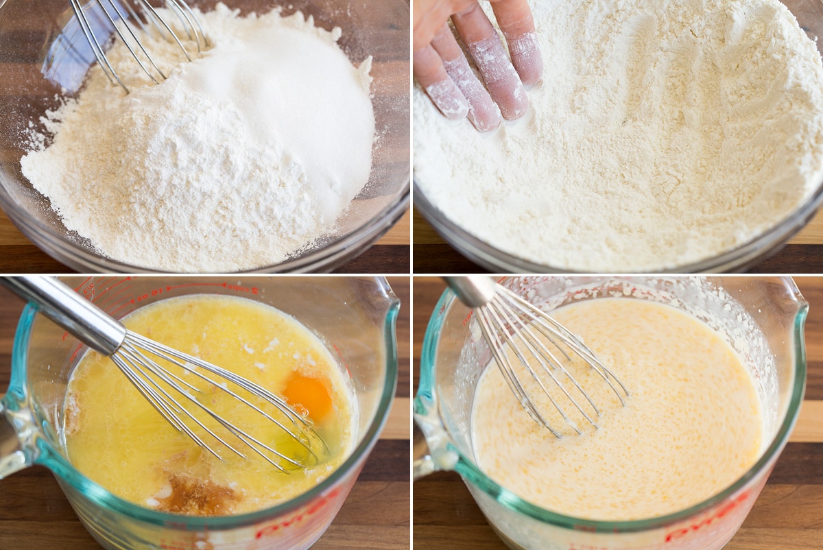 Collage of four photos showing how to make dry and wet mixtures for pancake batter.